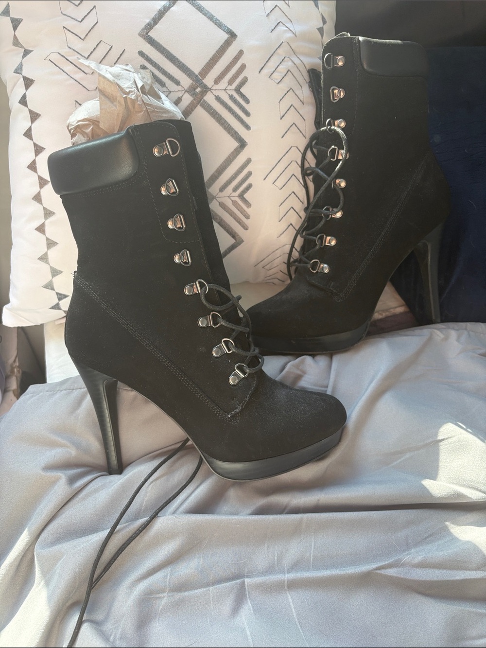 Women's Black Lace-Up High Heel Ankle Boots